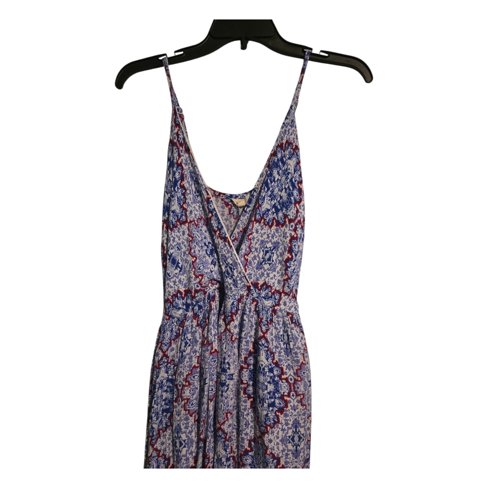 Patterned Sleeveless Dress with Blue and Red Accents